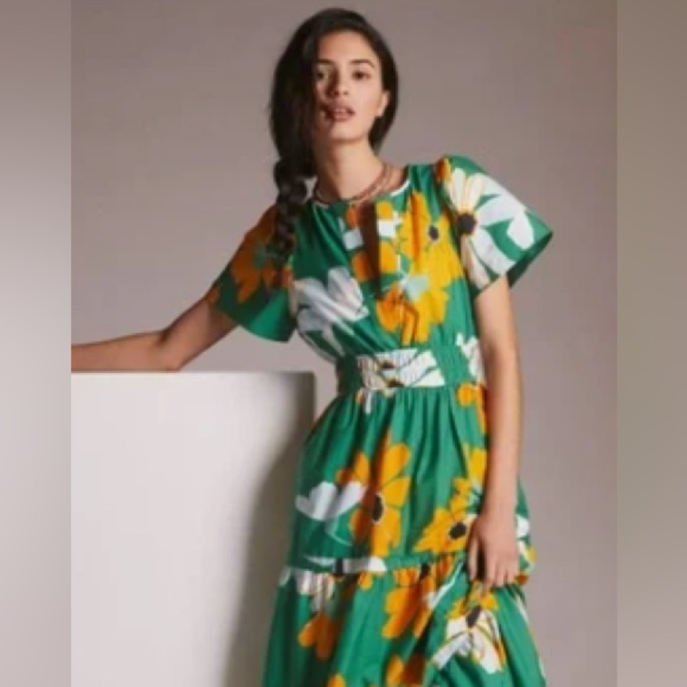Anthropologie Green and Orange V-Neck Maxi Dress